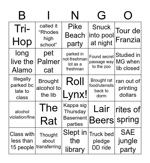 RHODES COLLEGE Bingo Card