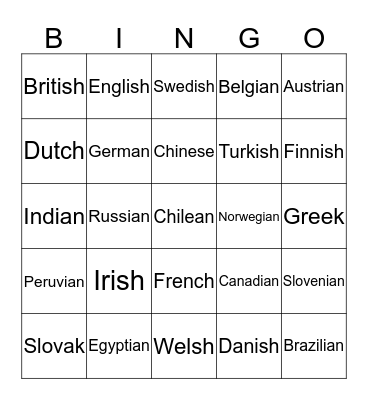 Nationalities Bingo Card