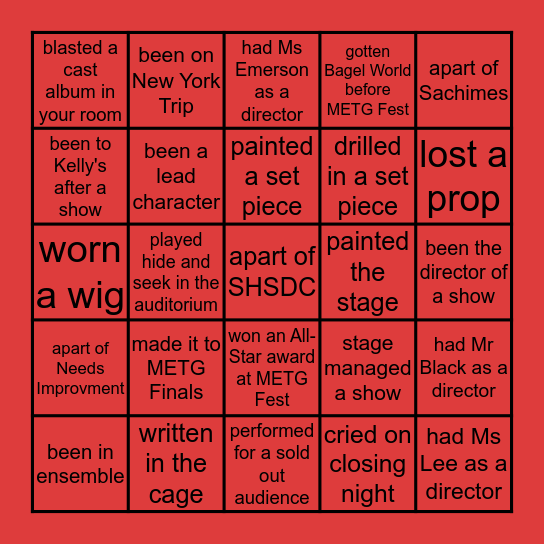 Saugus High School Drama Club Bingo! Bingo Card