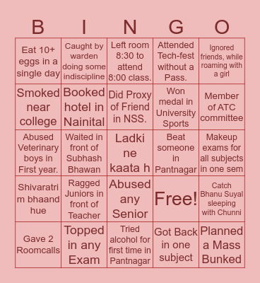 Pantnagarians Bingo Challenge Bingo Card