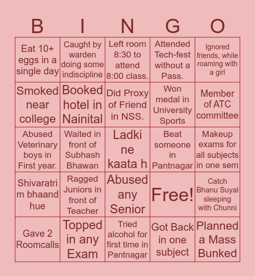 Pantnagarians Bingo Challenge Bingo Card