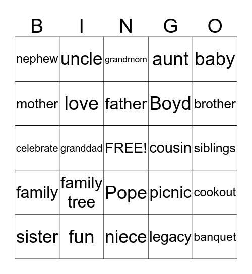 POPE/BOYD FAMILY Bingo Card