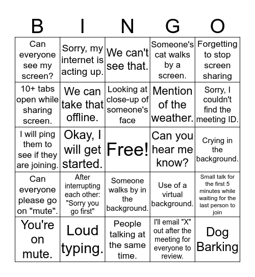 Video Conference Bingo Card