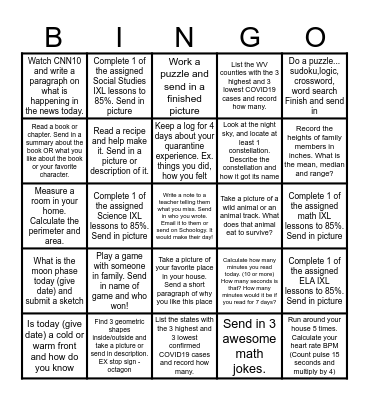 6th Grade Quarantine Bingo Card
