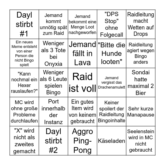 Dienstag Raid Meme-o Bingo Card