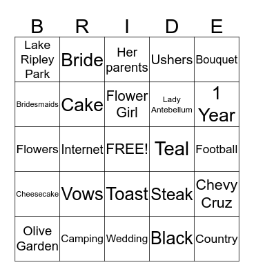 Bridal Bingo Card