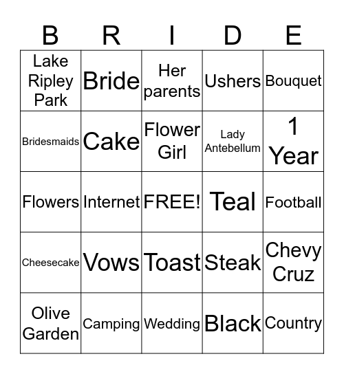 Bridal Bingo Card