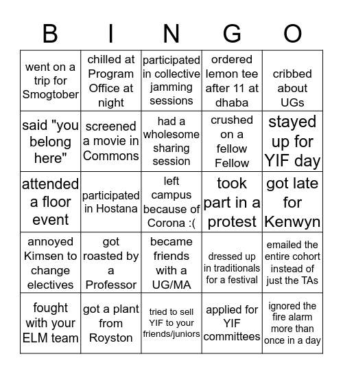 #ThingsWeDoAtYIF Bingo Card