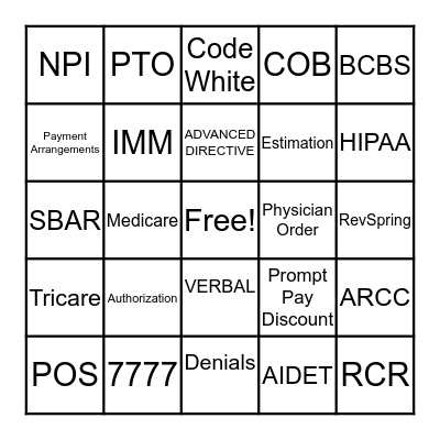Patient Access BINGO Card