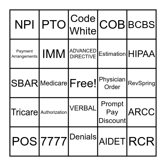 Patient Access BINGO Card