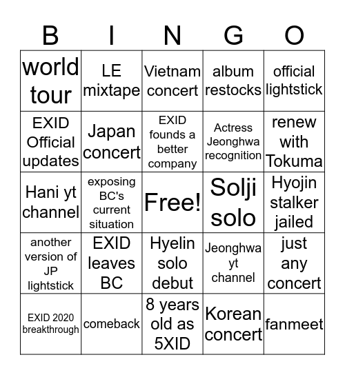 EXID 2020 BINGO Card