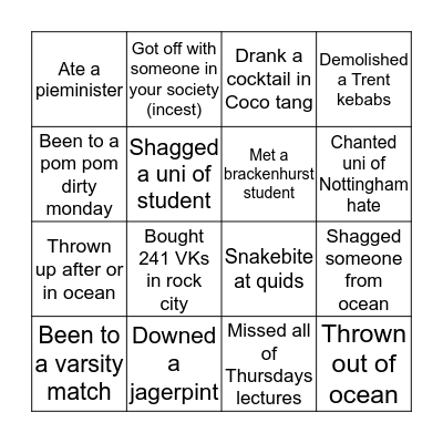 Trent uni bingo Card