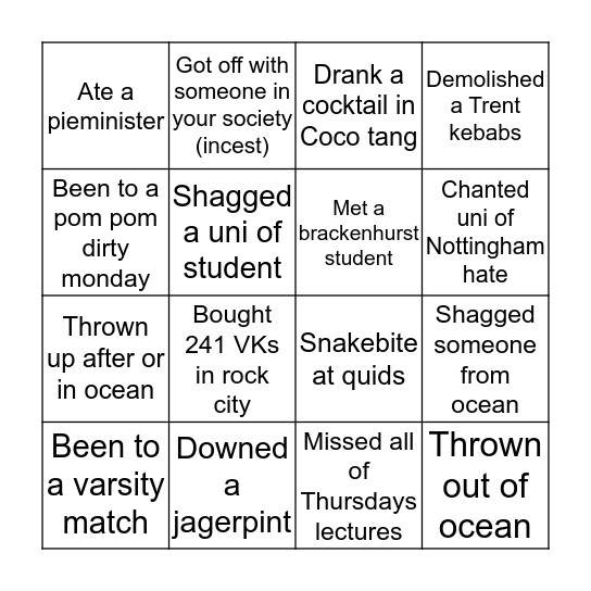 Trent uni bingo Card