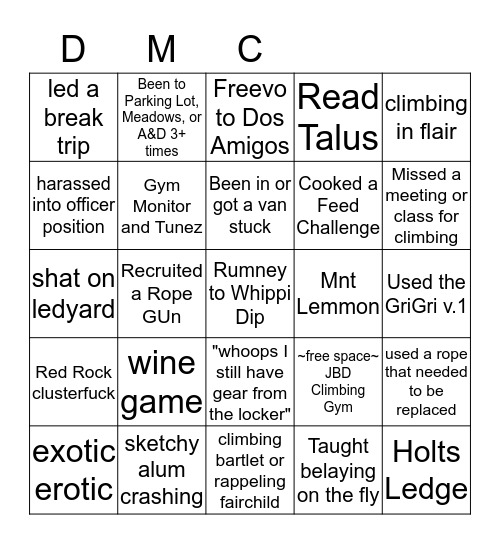 Dartmouth Mountaineering Club Bingo Card