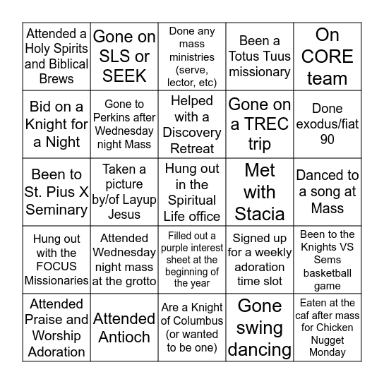 LORAS COLLEGE SPIRITUAL LIFE BINGO Card