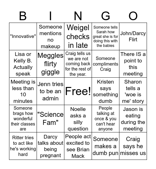 Craig's Zoom Zoom Bingo Card