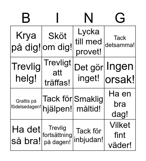Toivotuksia ruotsiksi Bingo Card