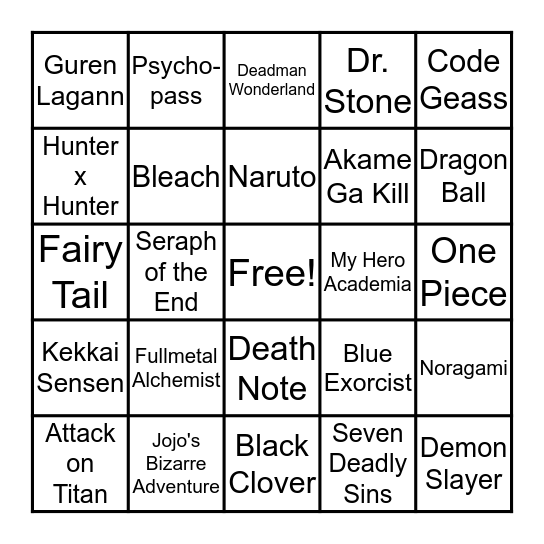 Shounen Anime Bingo! Bingo Card