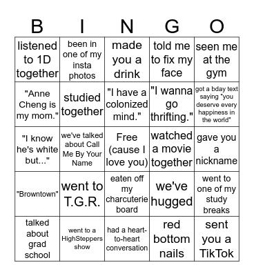 Friends with GJ Bingo Card