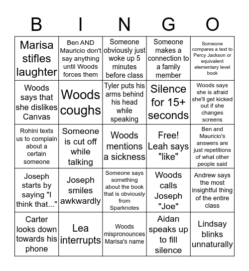 Woods World Lit: Zoom Edition Bingo Card