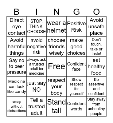 I Can Make Healthy Choices by Avoiding Unsafe Risks Bingo Card