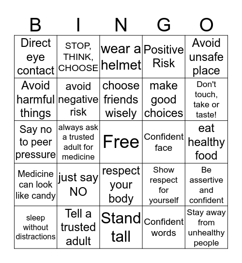I Can Make Healthy Choices by Avoiding Unsafe Risks Bingo Card