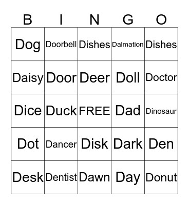 The Letter D Bingo Card