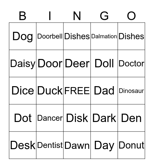 The Letter D Bingo Card