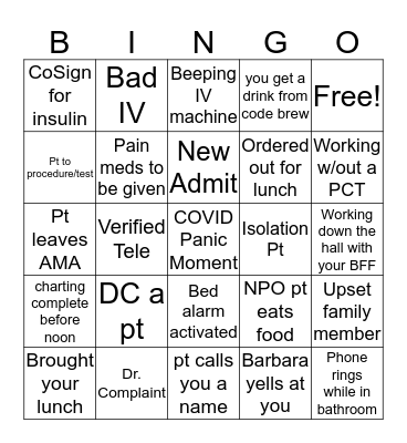 Med/Surg COVID Fun Bingo Card