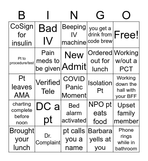 Med/Surg COVID Fun Bingo Card