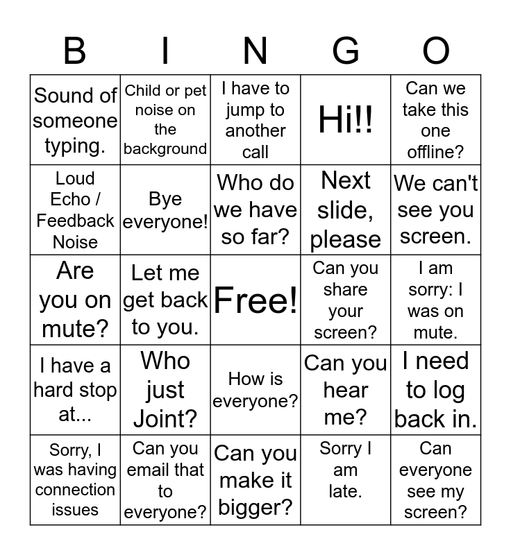 Conference Call Bingo Card