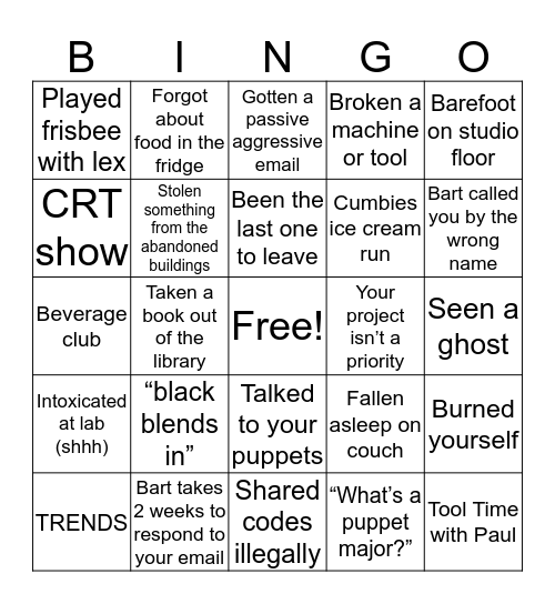 Puppet Arts Bingo Card