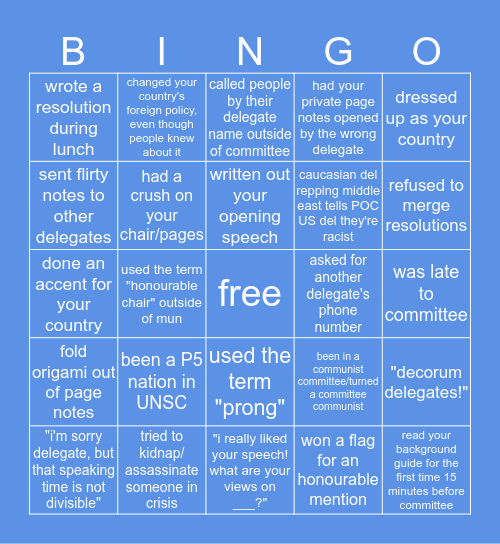 Just MUN Tings Bingo Card