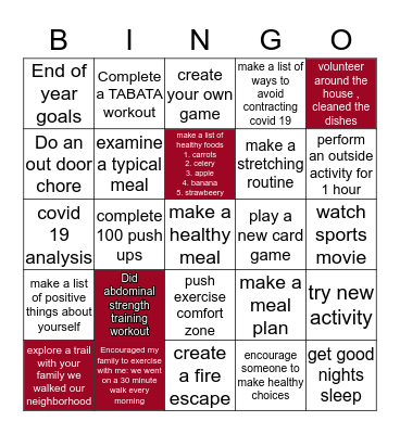 Heath and Wellness Bingo Challange Bingo Card