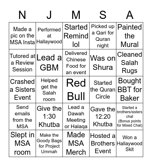 Real MSA Bingo Card