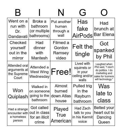 DC Semester Bingo Card