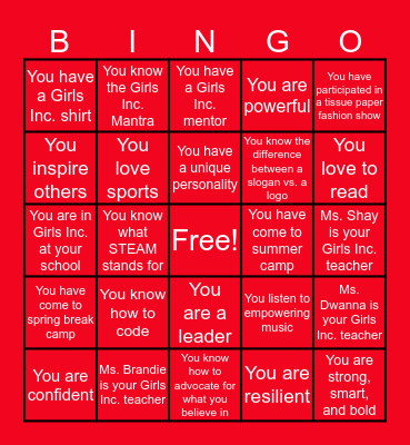 Girls Inc. Bingo Card