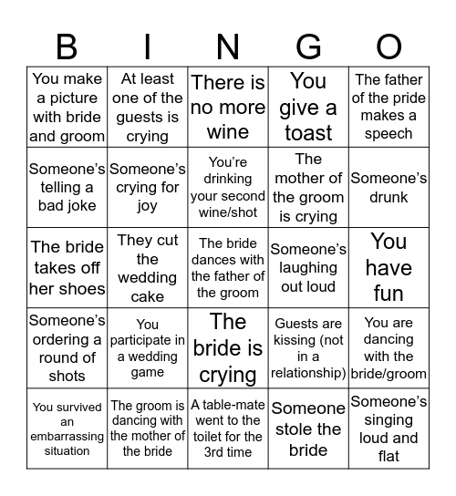 W E D D I N G Bingo Card