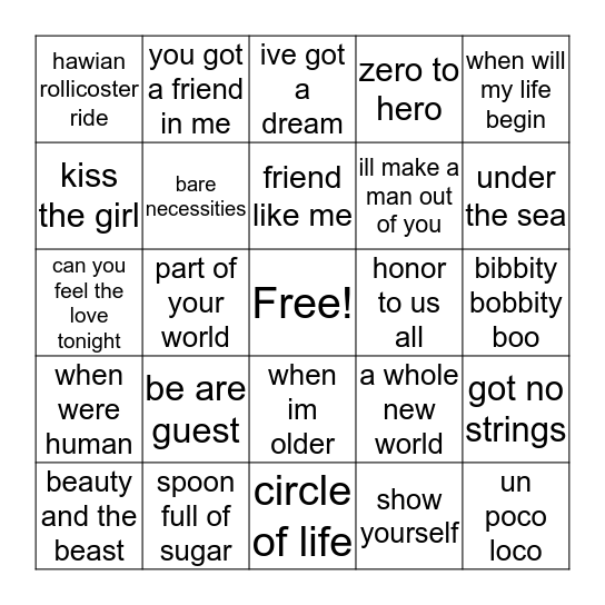 disney song bingo Card