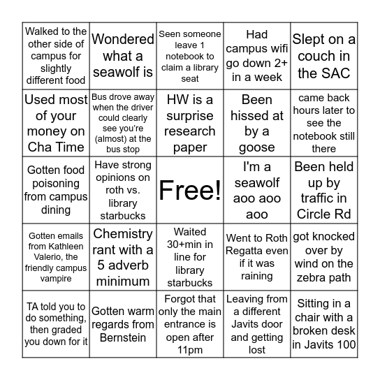 Stony Brook Bingo Card