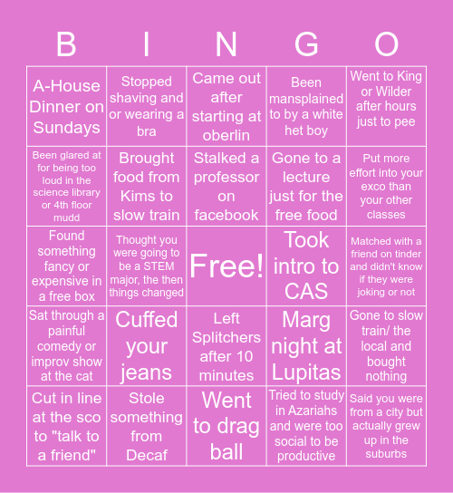 OBERLIN Bingo Card