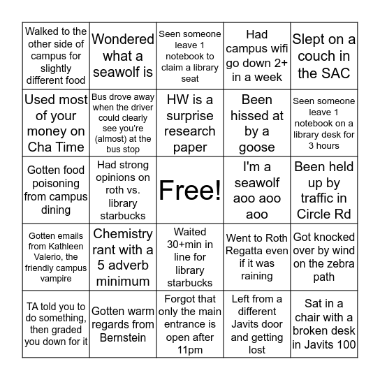 Stony Brook Bingo Card