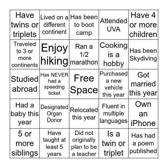 Get to Know Each Other!  Bingo Card