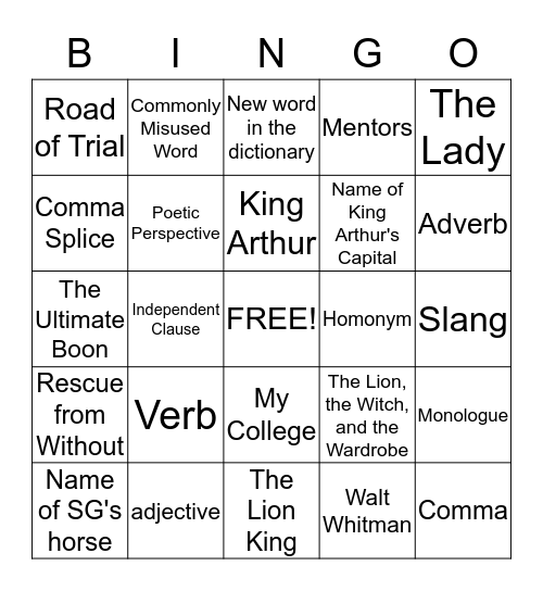 BONUS POINTS!  Bingo Card
