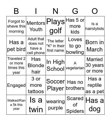 Getting to know you Bingo Card