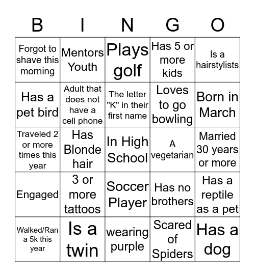 Getting to know you Bingo Card