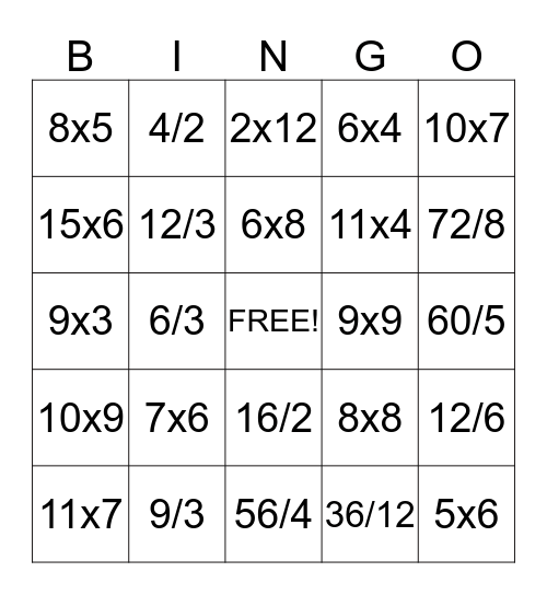 Multiplication/Division Bingo Card