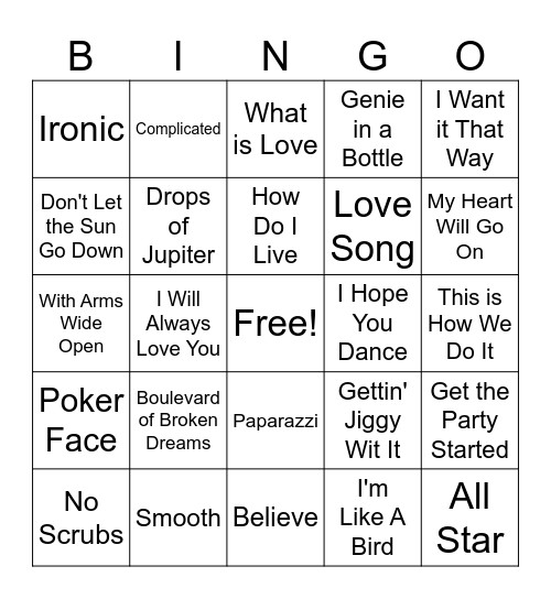 90's and 2000's Music Bingo Card