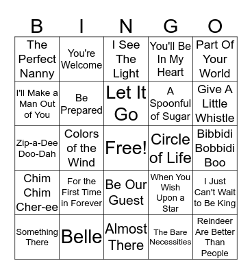 Disney Hits Bingo Card