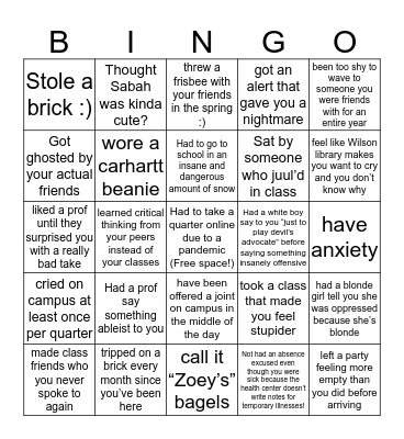 Western Washington University Bingo Card